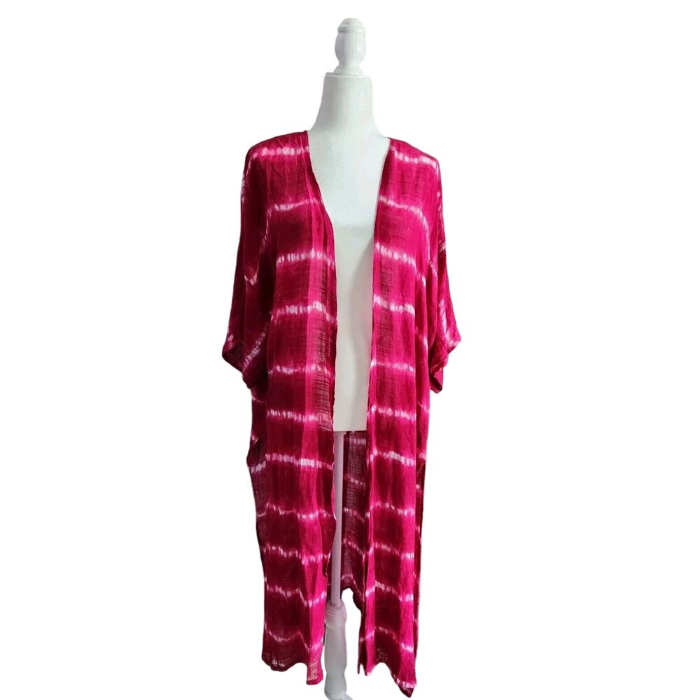 Woven Heart Open Front Long Duster Cardigan Raspberry Tie Dye One Size